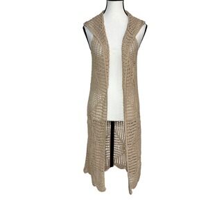 Oliver by Escio Anthropologie Beige Crochet Knit Hooded Long Vest‎ Duster Size S